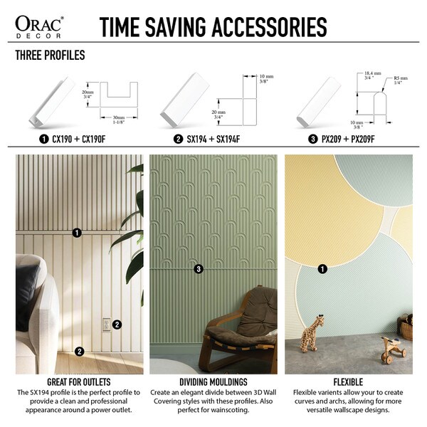 Orac Decor | High Density Polyurethane | 3D Decorative Covering | Ripple Wall Element | Primed White | 9-7/8in H