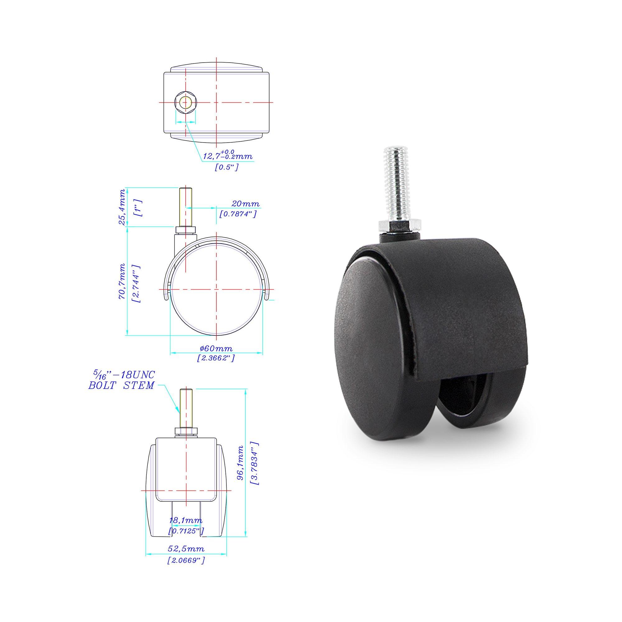 2 Inch Square Double Star Caster Insert and 2-3/8 Inch Black Swivel Hooded Twin - Picture 21 of 26