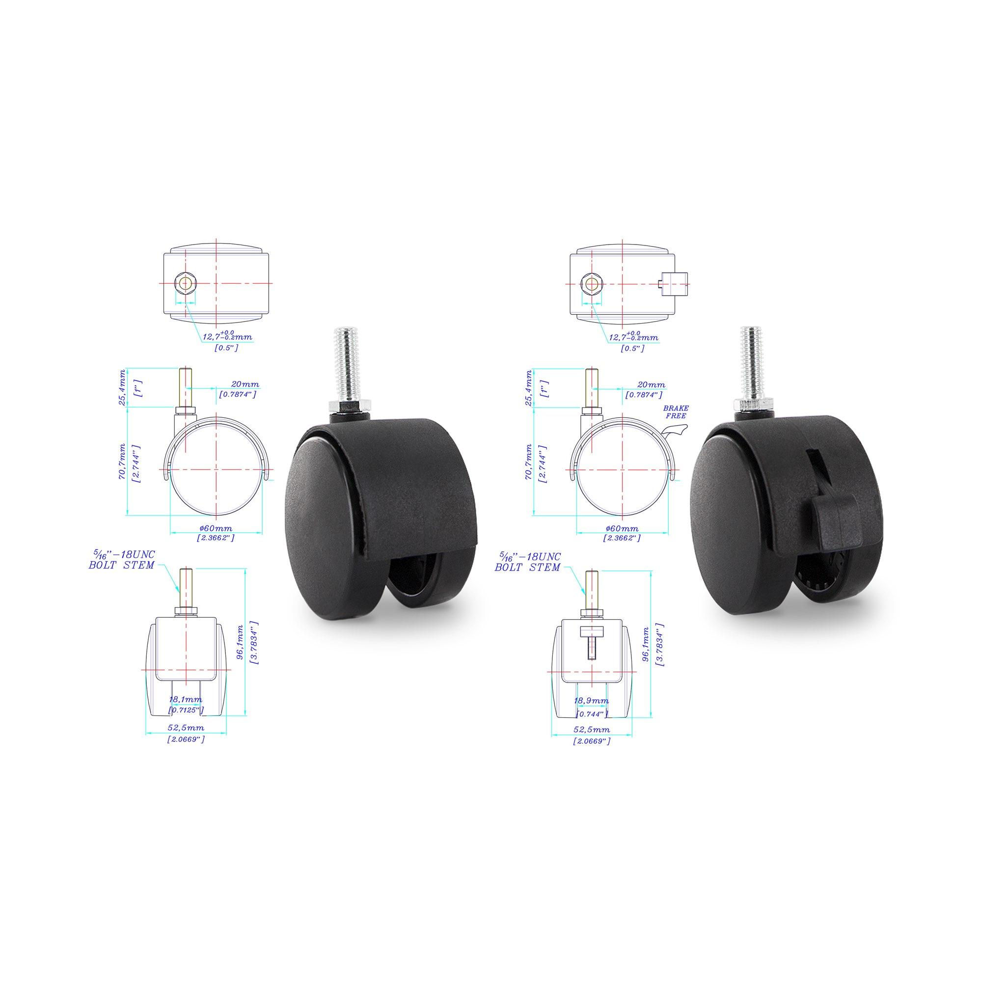 2 Inch Square Double Star Caster Insert and 2-3/8 Inch Black Swivel Hooded Twin - Picture 7 of 26