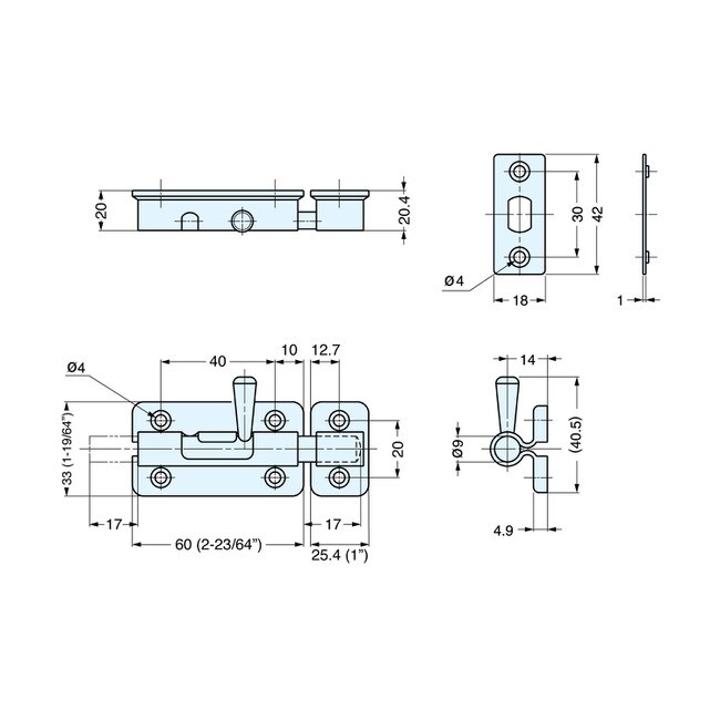 1-19/64" High x 2-23/64" Long Satin Stainless Steel Spring Loaded Barrel Bolt