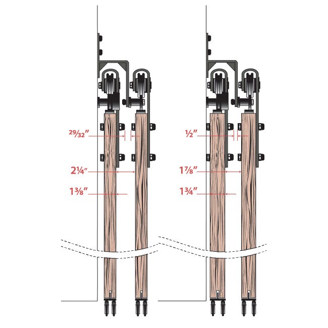 Sliding Barn Door Hardware Kits for By-Passing Wood Doors Up to 34in W | Black Powder Coated Finish | 68-7/8in Rail Length