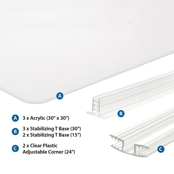 U-Shaped Clear Acrylic Desk/Countertop Protection Kit | Includes Rounded and Polished Acrylic Panels | Full-Length Adjustable Corners| Adhesive T-Base