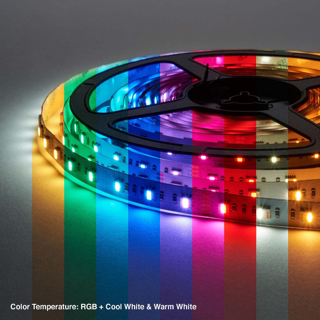 1/2" (12mm) Wide LED Tape Flexible Strip Lighting | 5050 Chip 5 in 1 Color Changing RGB with Tunable White | 7.3 Watts 24V IP20 UL | 16.4' Roll