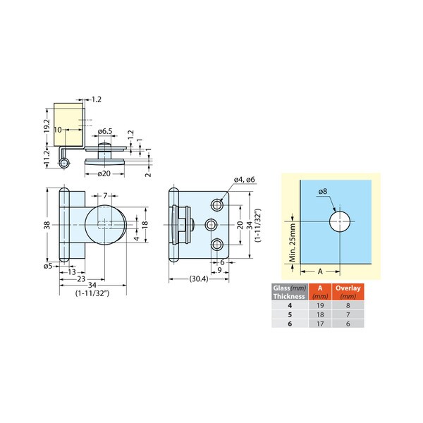 Chrome Plated Glass Door Hinge Sugatsune | GH-34/8/CR-P Series