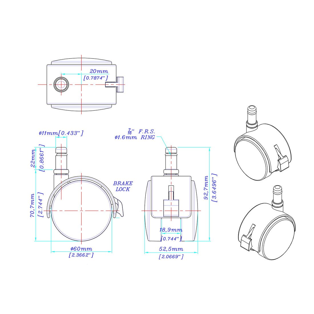 2-3/8in Dia | Black Swivel Hooded Hercules Twin Wheel Caster |3/8 x 7/8in Friction Ring Stem