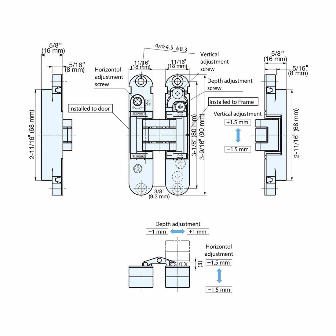 Sugatsune 3 Way Adjustable Concealed Hinge | HES3D-90 Series