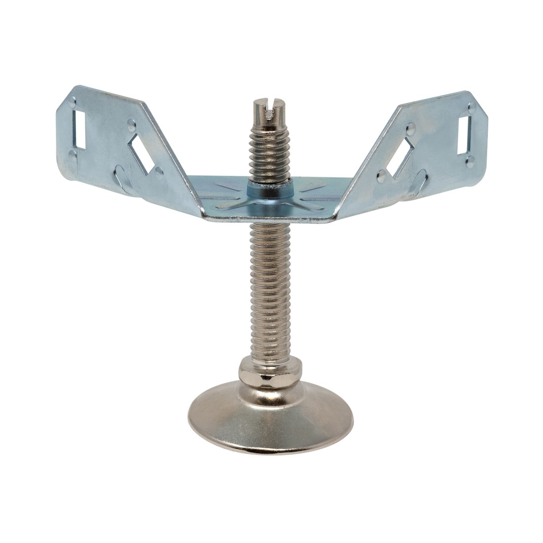11/16in H x 3-7/8in W | Corner and Support Brace with Nickel Plated Shell/White Nylon Base Leveler | 3/8-16 x 3in Long Threaded Stem