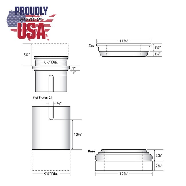 12' High x 10" Diameter Round Fluted Fiberglass Structural Column with Tuscan Style Cap and Base