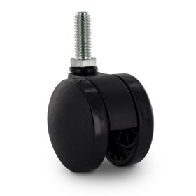 Black Swivel Non Hooded Twin Wheel Furniture Caster | 3/8-16 x 1in Long Threaded Stem