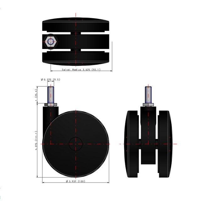 Black Swivel Non Hooded Twin Wheel Furniture Caster 3/816 x 1in Long