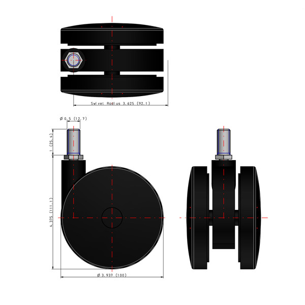Black Swivel Non Hooded Twin Wheel Furniture Caster | 1/2-13in x 1in Long Threaded Stem
