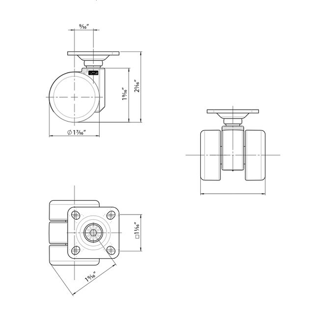 Grey Swivel Non Hooded Mity Mite Twin Wheel Furniture Caster | 1-1/2in Square Top Plate