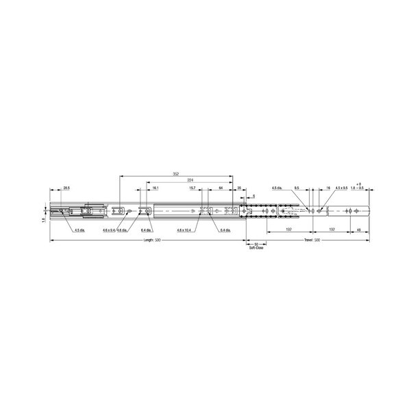OI-5000S Series | Clear Zinc Cold Rolled Steel | Ball Bearing with Soft Close Full Extension Drawer Slide