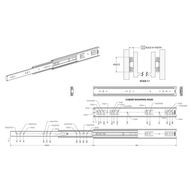 OI-5045 Series | Clear Zinc Cold Rolled Steel | 100lb. Capacity | Low Profile Full Extension Drawer Slide