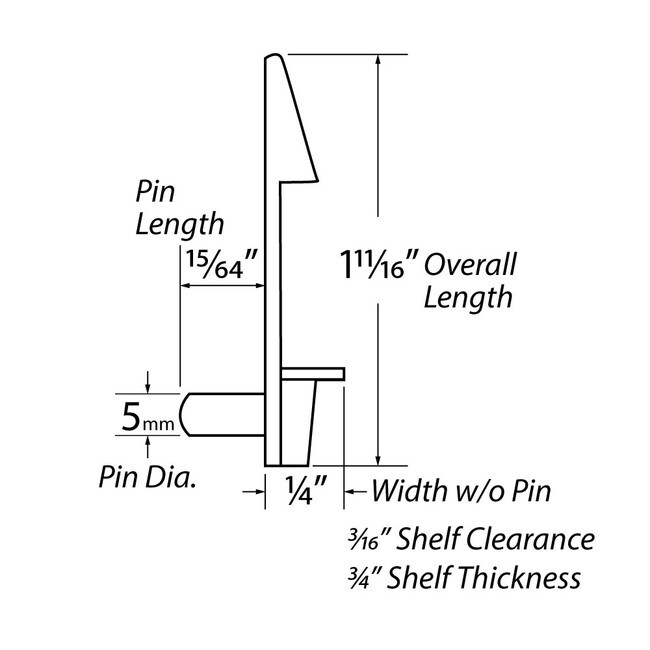 1/4in W x 1-11/16in Long | Clear | Locking Shelf Rest With 5MM Pin | For 3/4in Shelf Thickness | OPHS-1829 Series