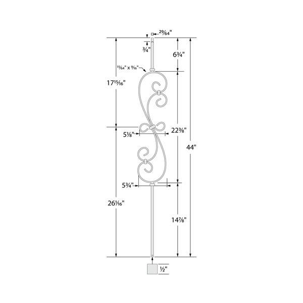 Classic Powder Coated Baluster | Solid | Scrolls | 1/2in Sq x 44in H | PCB-251 Series