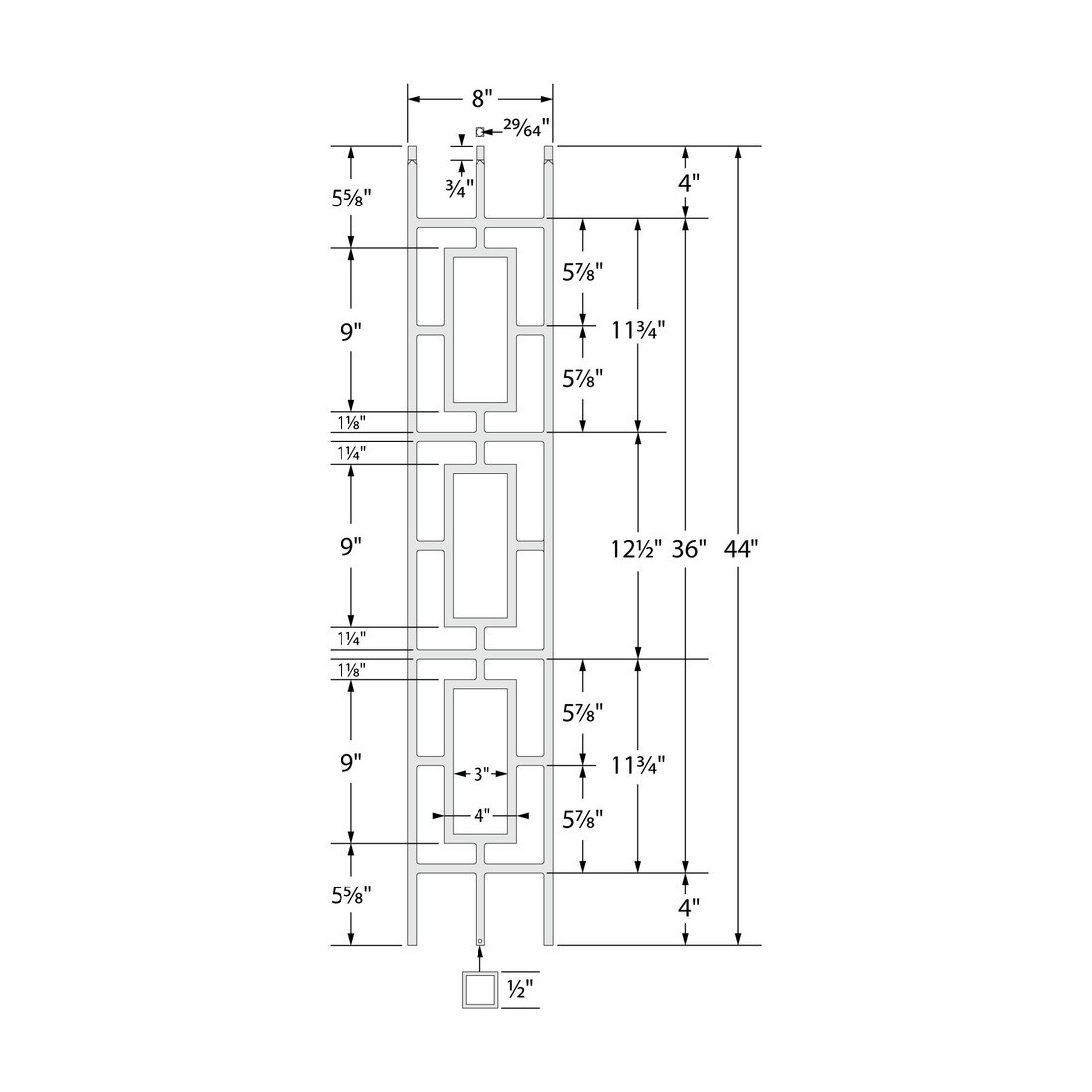 Modern Powder Coated Baluster | Tubular | Rectangles | 1/2in Sq x 44in H | PCB-SPN3 Series