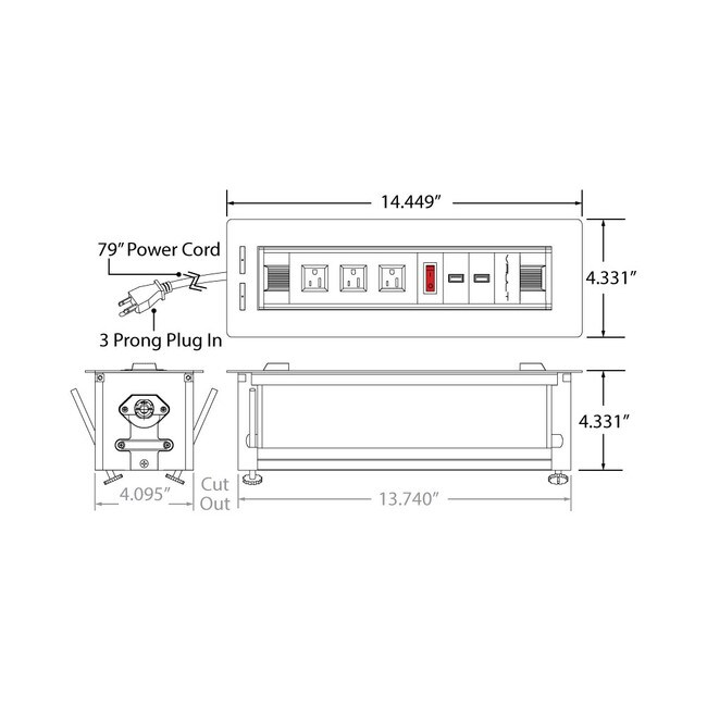 14-1/2" Long x 4-1/3" Wide In-Desk Motorized Rotation Power Dock with 3 Outlets, 2 USB Ports