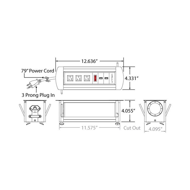 12-2/3" Long x 4-1/3" Wide In-Desk Manual Rotation Power Dock with 3 Outlets, 2 USB Ports