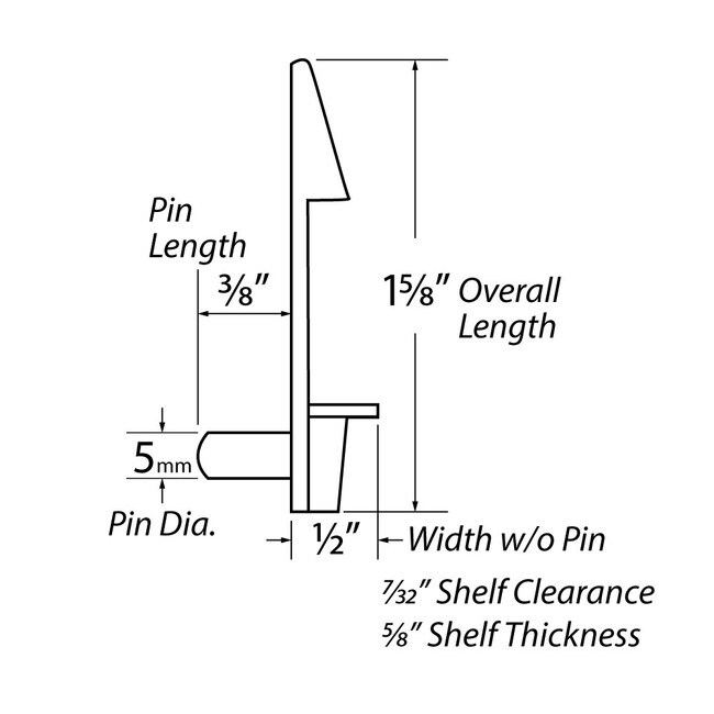 1/2in W x 1-5/8in Long | White Locking Shelf Rest with 5mm Pin | For 5/8in Shelf Thickness | R25-244-625 Series