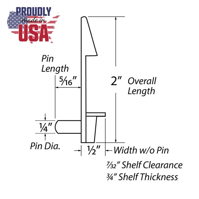 1/2in W x 2in Long | Clear Locking Shelf Rest with 1/4in Pin | For 3/4in Shelf Thickness | R25-604-750 Series