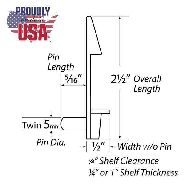 1/2in W x 2-1/2in Long | Clear Locking Shelf Rest for 3/4in - 1in | With Twin 5mm Pins | R25-BGD Series