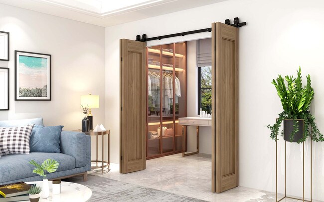 Sliding Barn Door Hardware Kit for Bifold Double Wood Doors | 78-3/4in Rail Length