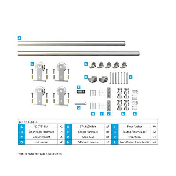 Sliding Barn Door Hardware Kits for Double Wood Doors Up to 34in W | Stainless Steel Finish | 135-3/4in Rail Length | DW03 Series