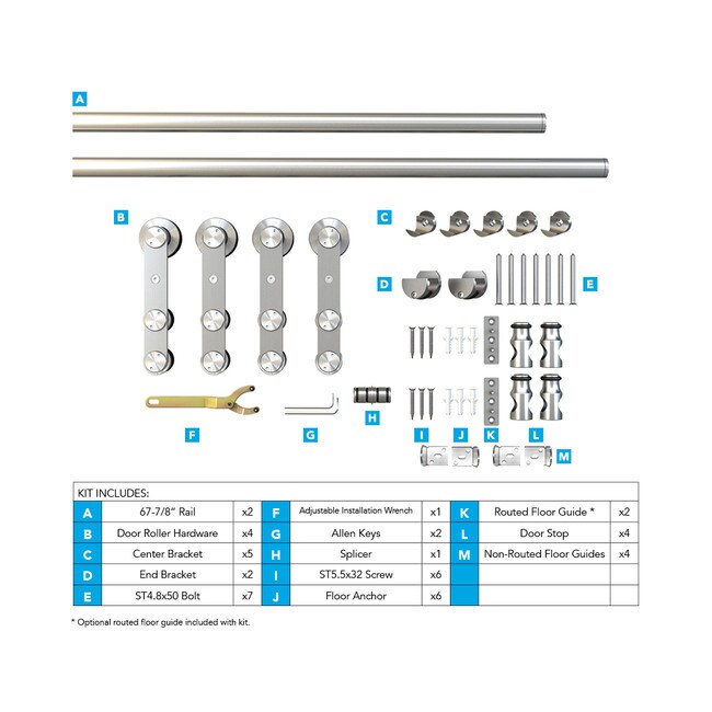 Sliding Barn Door Hardware Kits for Double Wood Doors Up to 34in W | Stainless Steel Finish | 135-3/4in Rail Length | DW12 Series