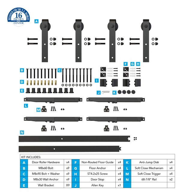 Sliding Barn Door Hardware Kits for Double Wood Doors Up to 34in W | Black Powder Coated Finish | 135-3/4in Rail Length | SDH-DW4 Series