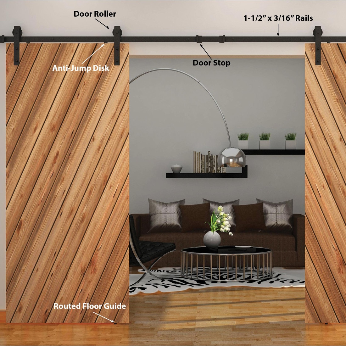 Sliding Barn Door Hardware Kits for Double Wood Doors Up to 34in W | Black Powder Coated Finish | 135-3/4in Rail Length | SDH-DW4 Series