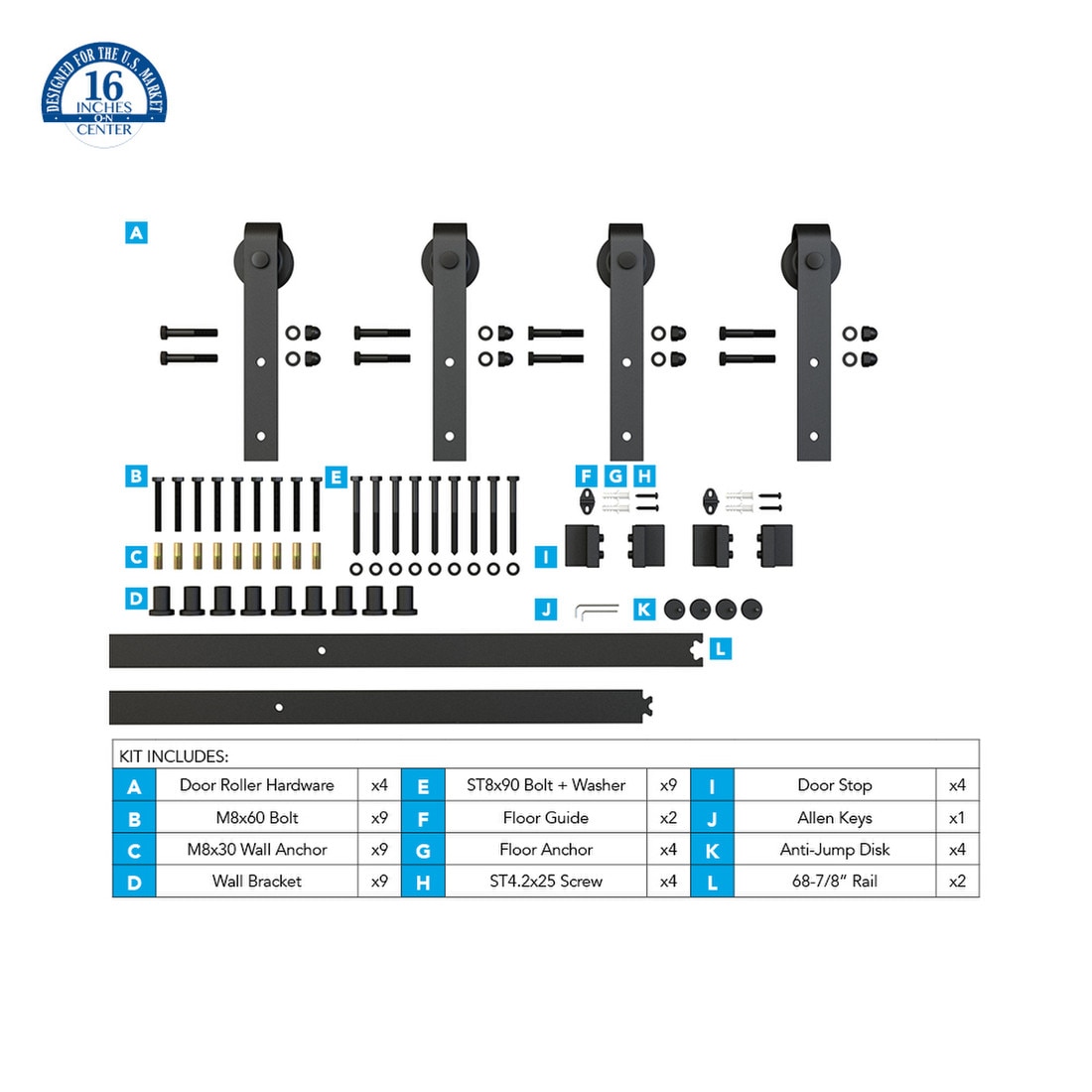 Sliding Barn Door Hardware Kits for Double Wood Doors Up to 34in W | Black Powder Coated Finish | 135-3/4in Rail Length | SDH-DW4 Series