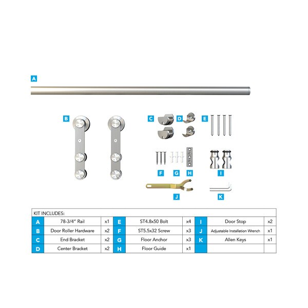Sliding Barn Door Hardware Kits for Single Wood Doors Up to 39in W | Stainless Steel Finish | 78-3/4in Rail Length | SW12 Series