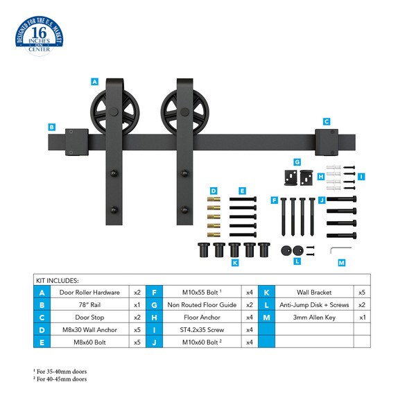 Sliding Barn Door Hardware Kits for Single Wood Doors Up to 39in W | Black Powder Coated Finish | 78-3/4in Rail Length | SW4IND Series