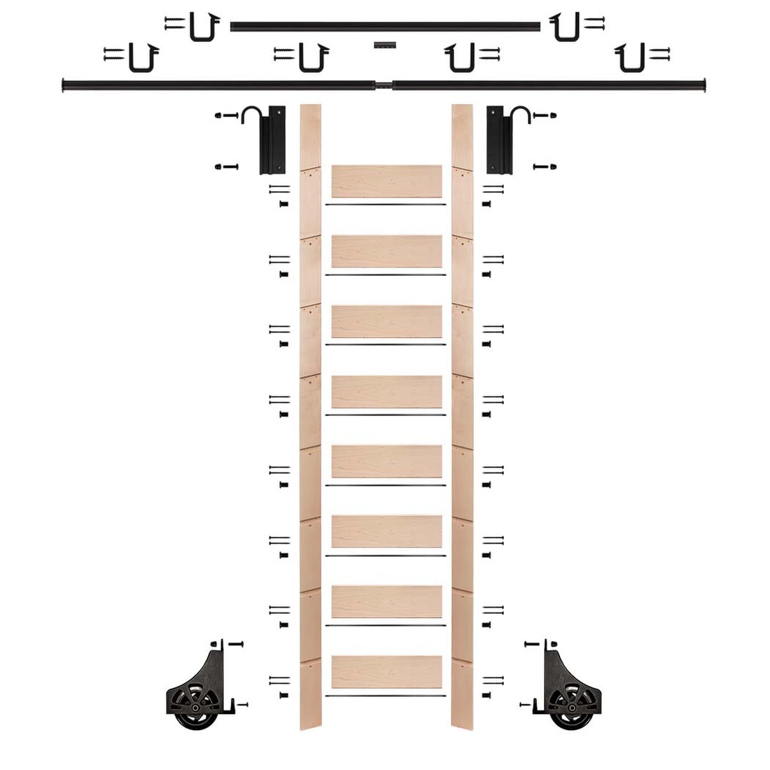 107in H | Unfinished Maple Rolling Ladder With With Hardware Kit | Black Hardware | 12ft Track