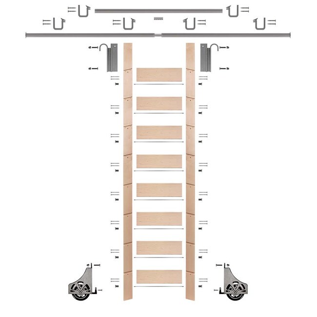 107in H | Unfinished Maple Rolling Ladder Hardware Kit | Satin Nickel Hardware | 12ft Track
