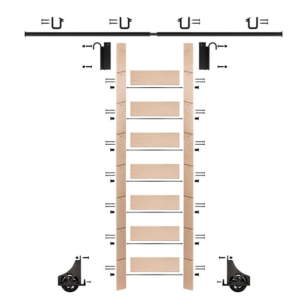 92in H | Unfinished Maple Rolling Ladder Hardware Kit | Black Hardware | 8ft Track