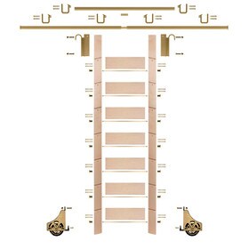 92in H | Unfinished Maple Rolling Ladder Hardware Kit | Polished Brass Hardware | 12ft Track