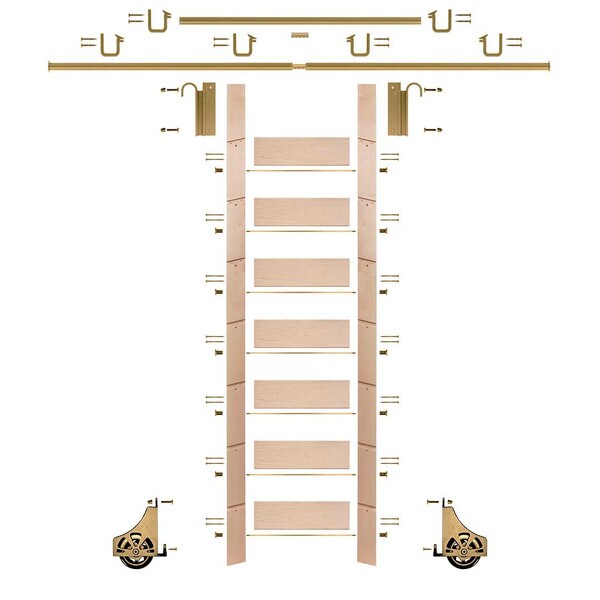 92in H | Finished Maple Rolling Ladder Hardware Kit | Polished Brass Hardware | 12ft Track