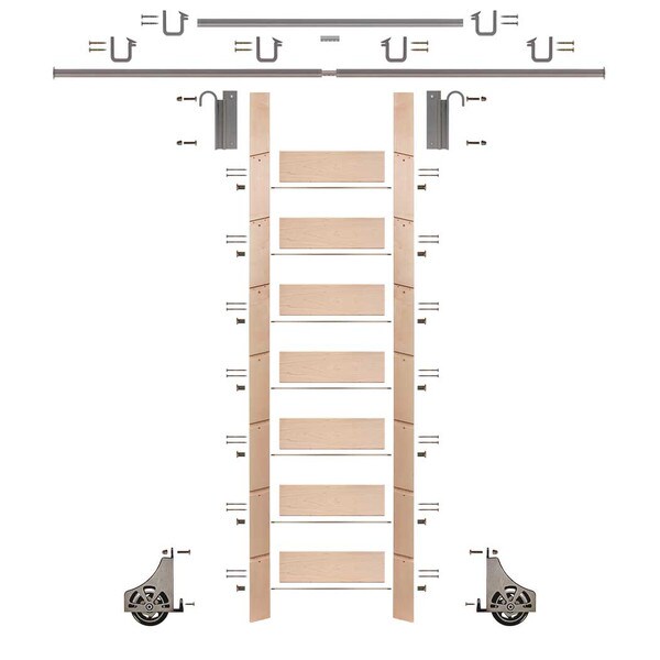 92in H | Unfinished Maple Rolling Ladder Hardware Kit | Satin Nickel Hardware | 12ft Track