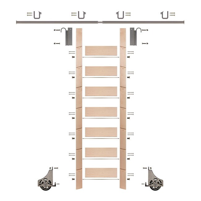 92in H | Unfinished Maple Rolling Ladder Hardware Kit | Satin Nickel Hardware | 8ft Track