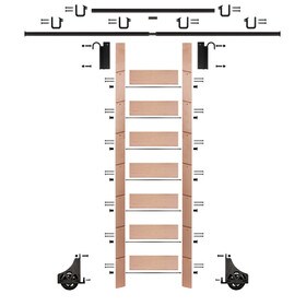92in H | Unfinished Red Oak Rolling Ladder Hardware Kit | Black Hardware | 12ft Track