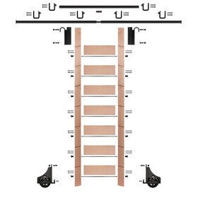 92in H | Unfinished Red Oak Rolling Ladder With Hardware Kit | Black Hardware | 12ft Track
