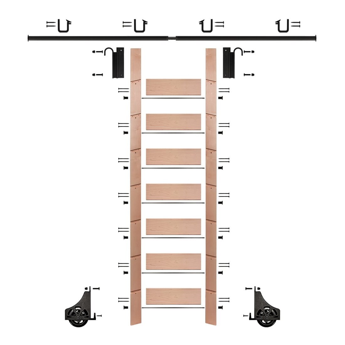 92in H | Unfinished Red Oak Rolling Ladder With Hardware Kit | Black Hardware | 8ft Track