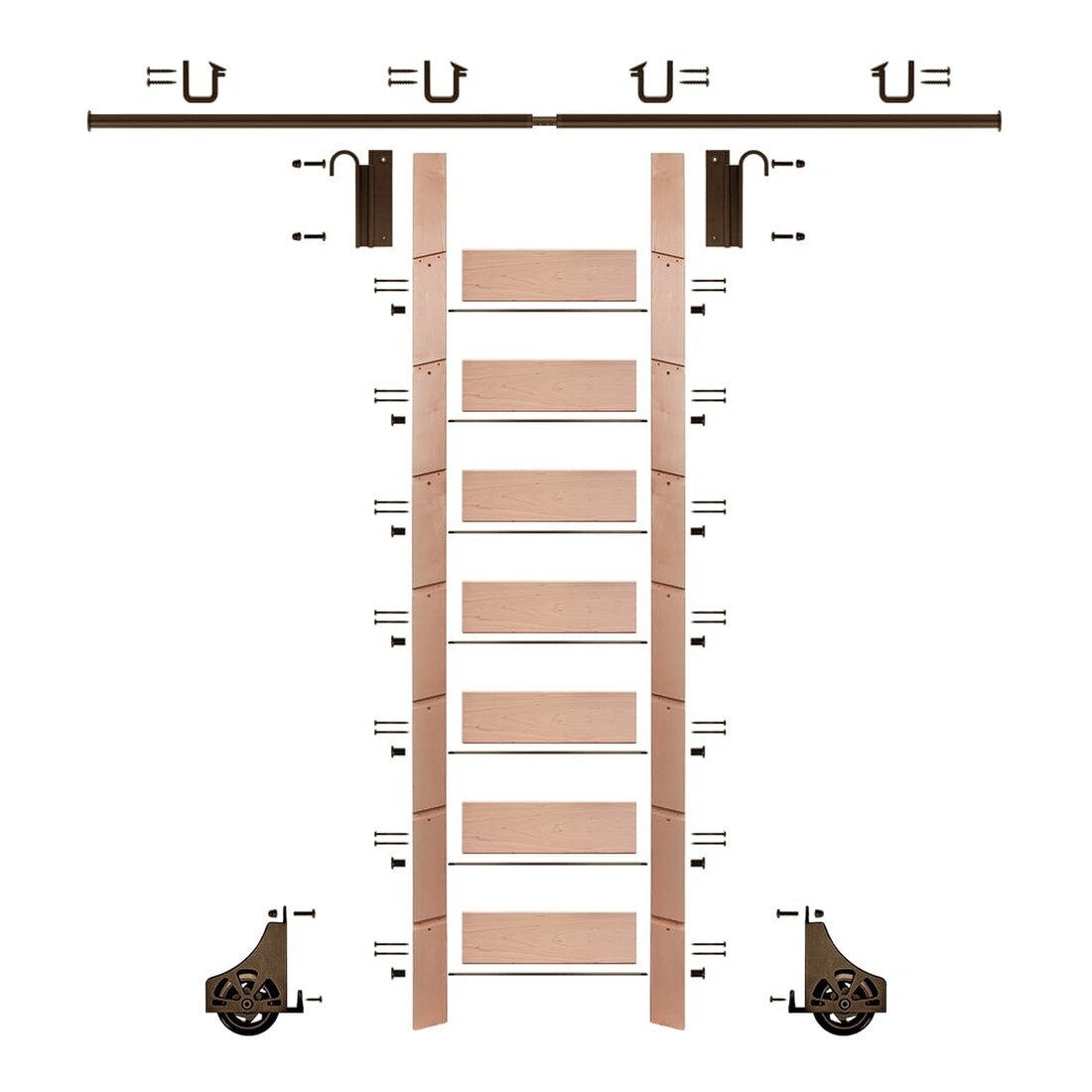 92in H | Red Oak Clear Pre Finished Rolling Ladder With Hardware Kit | Bronze Hardware | 8ft Track
