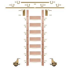 92in H | Unfinished Red Oak Rolling Ladder Hardware Kit | Polished Brass Hardware | 12ft Track