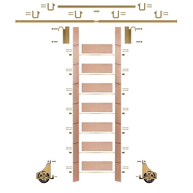 92in H | Unfinished Red Oak Rolling Ladder Hardware Kit | Polished Brass Hardware | 12ft Track