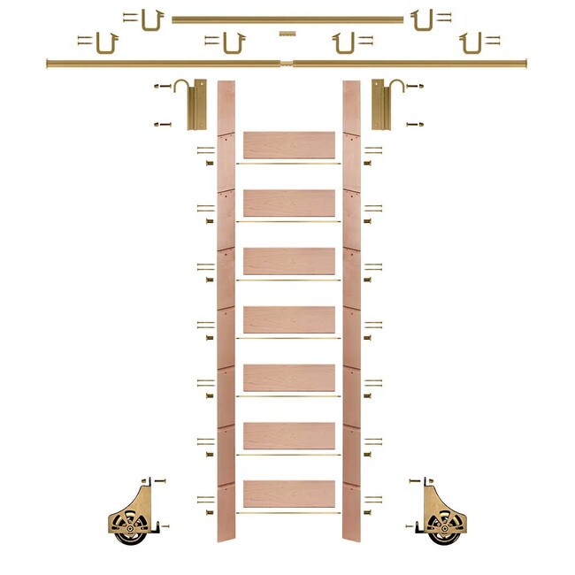 92in H | Finished Red Oak Rolling Ladder Hardware Kit | Polished Brass Hardware | 12ft Track