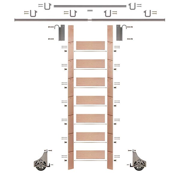92in H | Finished Red Oak Rolling Ladder Hardware Kit | Satin Nickel Hardware | 12ft Track
