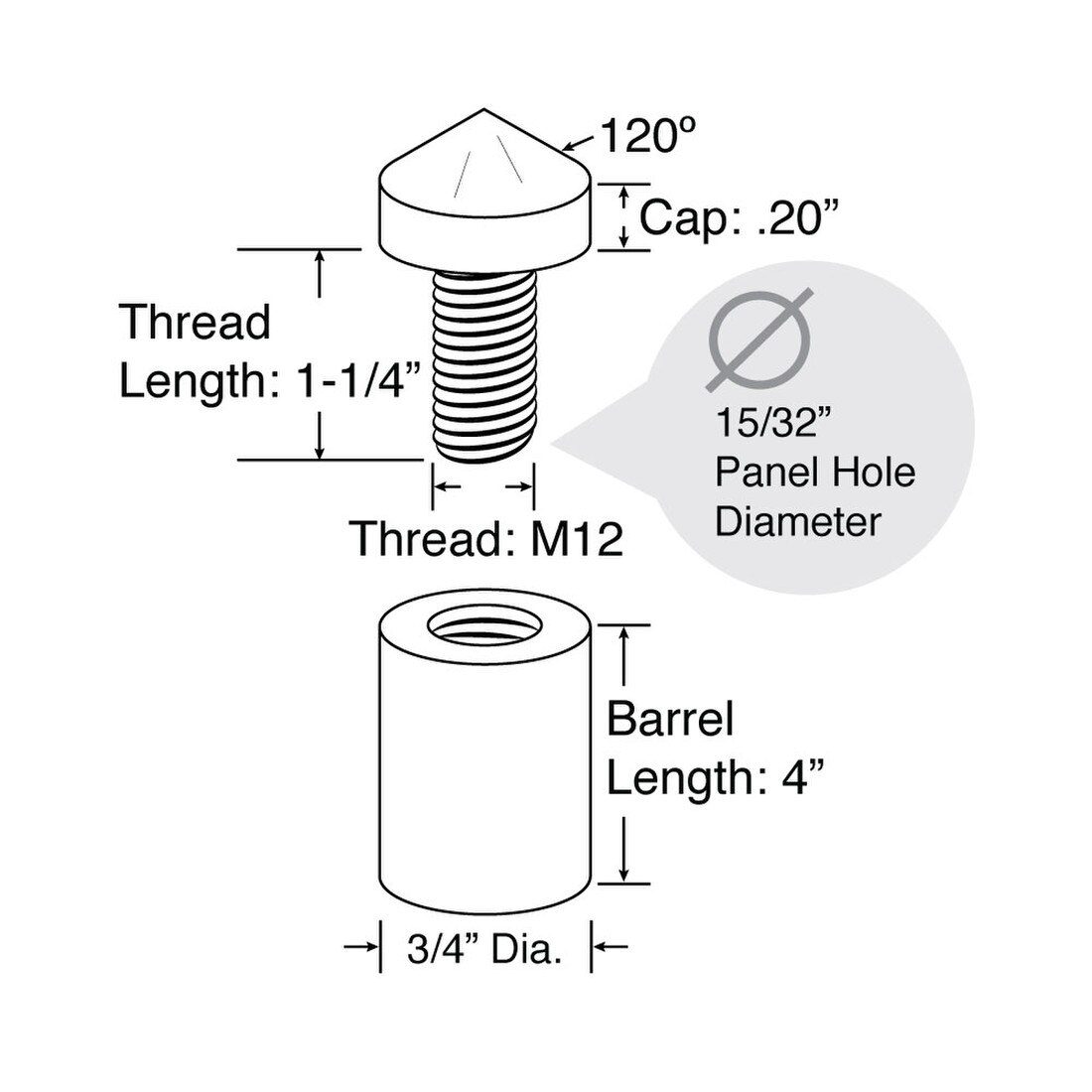 3/4in Dia x 4in Barrel Length | Polished Chrome | Cone Topped Series | Secure Fasten Standoff